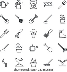 Thin Line Icon Set - job vector, flower in pot, garden fork, shovel, farm, rake, seedling, watering can, sproute, boot, hoe, sickle, sprayer, fertilizer, irrigation