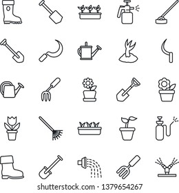 Thin Line Icon Set - job vector, flower in pot, garden fork, shovel, rake, seedling, watering can, sproute, boot, hoe, sickle, sprayer, irrigation