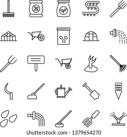 Thin Line Icon Set - job vector, garden fork, farm, rake, watering can, wheelbarrow, sproute, hoe, sickle, plant label, greenhouse, seeds, fertilizer, drip irrigation
