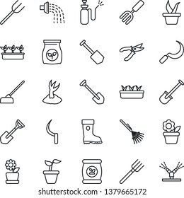 Thin Line Icon Set - job vector, flower in pot, garden fork, shovel, farm, rake, seedling, watering, sproute, pruner, boot, hoe, sickle, sprayer, fertilizer, irrigation