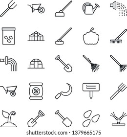 Thin Line Icon Set - job vector, shovel, farm fork, rake, watering can, wheelbarrow, sproute, hoe, sickle, plant label, pumpkin, greenhouse, seeds, fertilizer, irrigation