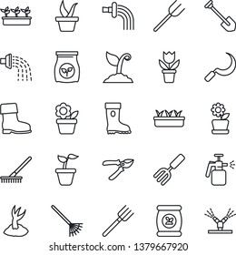 Thin Line Icon Set - job vector, flower in pot, garden fork, farm, rake, seedling, watering, sproute, pruner, boot, sickle, sprayer, fertilizer, irrigation