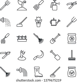 Thin Line Icon Set - job vector, flower in pot, garden fork, shovel, farm, rake, watering can, sproute, pruner, boot, seedling, hoe, sickle, sprayer, fertilizer