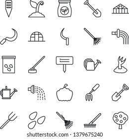 Thin Line Icon Set - job vector, garden fork, shovel, farm, rake, watering can, sproute, hoe, sickle, plant label, pumpkin, greenhouse, seeds, fertilizer, fruit tree
