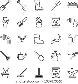 Thin Line Icon Set - job vector, flower in pot, garden fork, shovel, farm, rake, seedling, watering can, pruner, boot, sickle, sprayer, fertilizer, irrigation