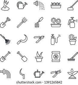 Thin Line Icon Set - job vector, flower in pot, garden fork, shovel, farm, rake, seedling, watering can, sproute, pruner, hoe, sickle, sprayer, fertilizer, irrigation