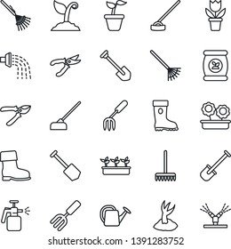 Thin Line Icon Set - job vector, flower in pot, garden fork, shovel, rake, seedling, watering can, sproute, pruner, boot, hoe, sprayer, fertilizer, irrigation