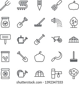 Thin Line Icon Set - job vector, garden fork, shovel, farm, rake, watering can, wheelbarrow, sickle, plant label, pumpkin, greenhouse, seeds, fertilizer, drip irrigation, fruit tree