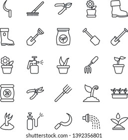Thin Line Icon Set - job vector, flower in pot, garden fork, shovel, farm, rake, seedling, watering, sproute, pruner, boot, sickle, sprayer, fertilizer, irrigation