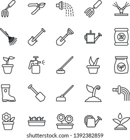 Thin Line Icon Set - job vector, flower in pot, garden fork, shovel, rake, seedling, watering can, sproute, pruner, boot, hoe, sprayer, fertilizer, irrigation