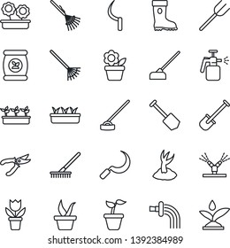 Thin Line Icon Set - job vector, flower in pot, shovel, farm fork, rake, seedling, watering, sproute, pruner, boot, hoe, sickle, garden sprayer, fertilizer, irrigation