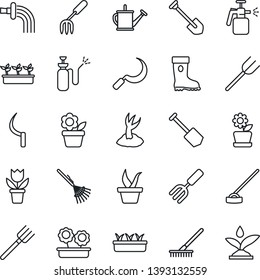Thin Line Icon Set - job vector, flower in pot, garden fork, farm, rake, seedling, watering can, sproute, boot, hoe, sickle, sprayer, irrigation