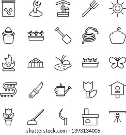 Thin Line Icon Set - job vector, flower in pot, farm fork, watering can, bucket, sproute, butterfly, fire, seedling, sun, well, hose, hoe, sickle, garden knife, pumpkin, fireplace, greenhouse, seeds