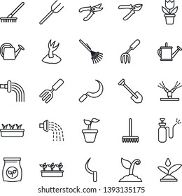Thin Line Icon Set - job vector, flower in pot, garden fork, farm, rake, seedling, watering can, sproute, pruner, sickle, sprayer, fertilizer, irrigation
