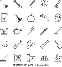 Thin Line Icon Set - job vector, garden fork, shovel, farm, rake, watering can, hoe, sickle, pumpkin, greenhouse, seeds, fertilizer, drip irrigation, fruit tree