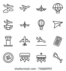 thin line icon set : journey, plane, parachute delivery, shipping, air ballon, deltaplane, airport tower, airplane, arrival, inflatable mattress, cooler fan, conditioning, blower