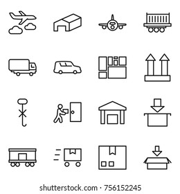 Thin line icon set : journey, warehouse, plane, truck shipping, car, consolidated cargo, top sign, do not hook, courier delivery, package, railroad, fast deliver