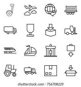 thin line icon set : journey, delivery, truck shipping, fragile, package, fork loader, train, sail boat, detector, baggage get, tractor, sweeper