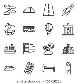 Thin line icon set : journey, pyramid, road, rocket, plane shipping, bus, air ballon, detector, baggage checking, hotel, island, yacht, inflatable mattress, bed, please clean