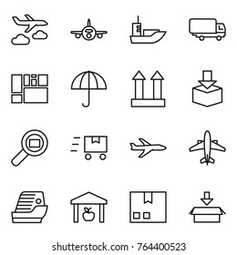 Thin line icon set : journey, plane, sea shipping, consolidated cargo, dry, top sign, package, search, fast deliver, airplane, cruise ship, warehouse