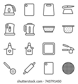 thin line icon set : kettle, cutting board, colander, apron, garlic clasp, skimmer, rolling pin, sieve