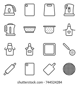 thin line icon set : kettle, cutting board, colander, apron, skimmer, rolling pin, sieve