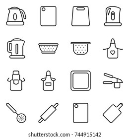 thin line icon set : kettle, cutting board, colander, apron, garlic clasp, skimmer, rolling pin