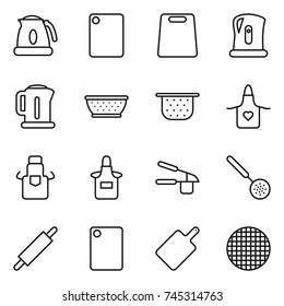 thin line icon set : kettle, cutting board, colander, apron, garlic clasp, skimmer, rolling pin, sieve
