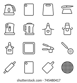thin line icon set : kettle, cutting board, apron, garlic clasp, skimmer, rolling pin, sieve