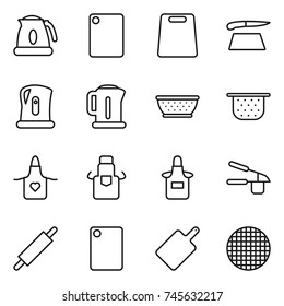 thin line icon set : kettle, cutting board, colander, apron, garlic clasp, rolling pin, sieve