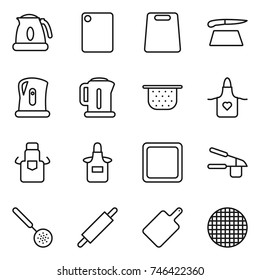 thin line icon set : kettle, cutting board, colander, apron, garlic clasp, skimmer, rolling pin, sieve