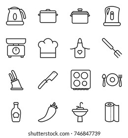 thin line icon set : kettle, pan, kitchen scales, cook hat, apron, big fork, knife holder, chef, hob, spoon plate, ketchup, hot pepper, water tap sink, paper towel