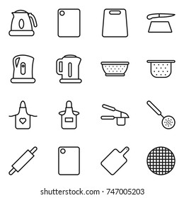 thin line icon set : kettle, cutting board, colander, apron, garlic clasp, skimmer, rolling pin, sieve