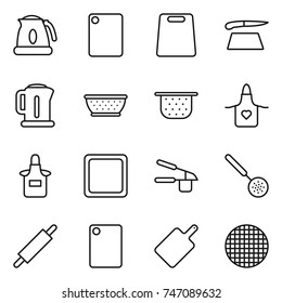 thin line icon set : kettle, cutting board, colander, apron, garlic clasp, skimmer, rolling pin, sieve