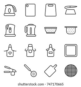 thin line icon set : kettle, cutting board, colander, apron, garlic clasp, skimmer, sieve