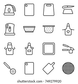thin line icon set : kettle, cutting board, colander, apron, garlic clasp, skimmer, sieve