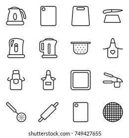 thin line icon set : kettle, cutting board, colander, apron, garlic clasp, skimmer, rolling pin, sieve