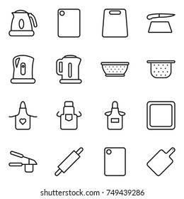 thin line icon set : kettle, cutting board, colander, apron, garlic clasp, rolling pin