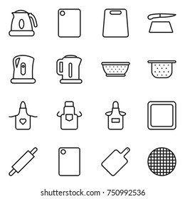 thin line icon set : kettle, cutting board, colander, apron, rolling pin, sieve
