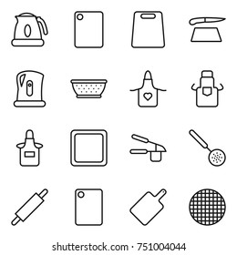 thin line icon set : kettle, cutting board, colander, apron, garlic clasp, skimmer, rolling pin, sieve