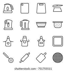thin line icon set : kettle, cutting board, colander, apron, skimmer, rolling pin, sieve