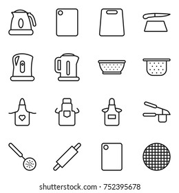 thin line icon set : kettle, cutting board, colander, apron, garlic clasp, skimmer, rolling pin, sieve