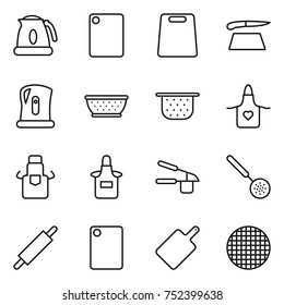 thin line icon set : kettle, cutting board, colander, apron, garlic clasp, skimmer, rolling pin, sieve