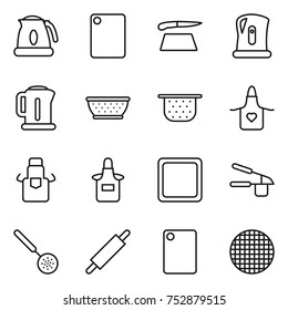thin line icon set : kettle, cutting board, colander, apron, garlic clasp, skimmer, rolling pin, sieve