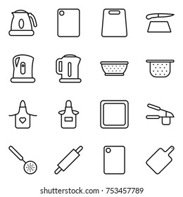 thin line icon set : kettle, cutting board, colander, apron, garlic clasp, skimmer, rolling pin