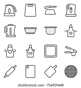 thin line icon set : kettle, cutting board, colander, apron, garlic clasp, rolling pin, sieve