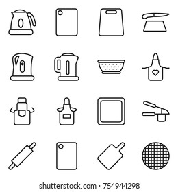 thin line icon set : kettle, cutting board, colander, apron, garlic clasp, rolling pin, sieve