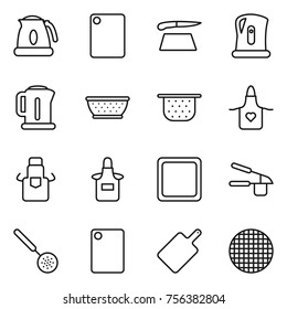 Thin line icon set : kettle, cutting board, colander, apron, garlic clasp, skimmer, sieve