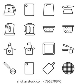 Thin line icon set : kettle, cutting board, colander, apron, garlic clasp, skimmer, sieve