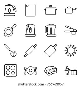 Thin line icon set : kettle, cutting board, pan, saute, garlic clasp, skimmer, rolling pin, gas oven, hob, fork spoon plate, sponge with foam, kitchen cleaning